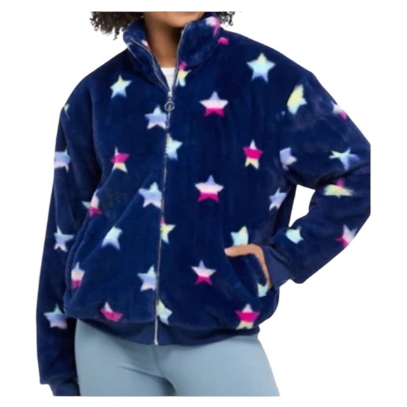 Crown & Ivy blue plush bomber jacket with multicolor star print Size Large - Picture 6 of 8
